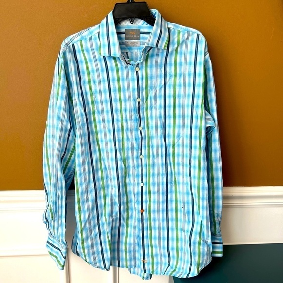 Thomas Dean Blue and Green Plaid Button-Down Shirt Size XL - Picture 1 of 3